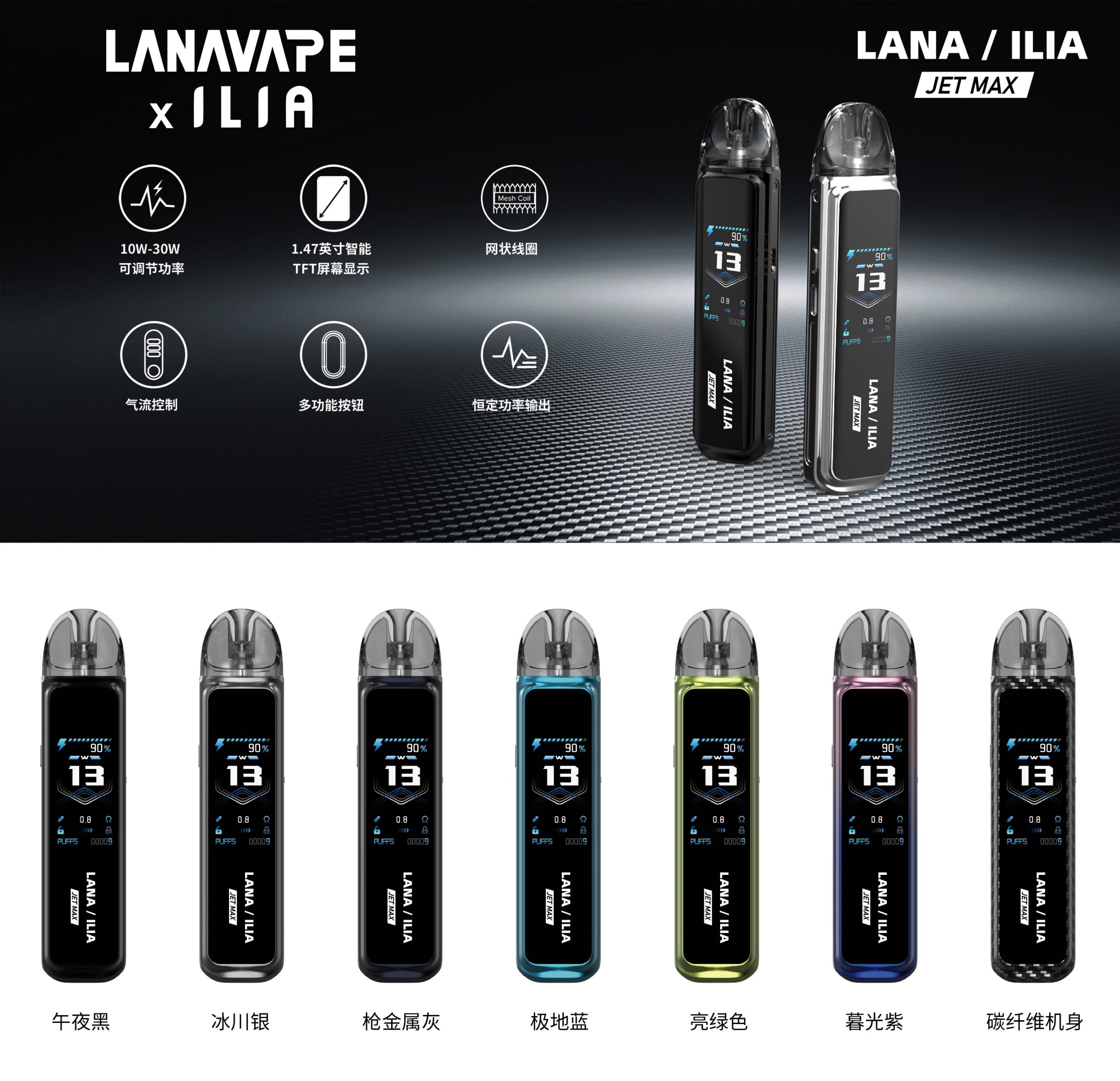 LANA Jet Max 側注油大煙主機套裝|1.47吋TFT × 10–30W 可調 × 1200mAh 長效續航