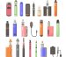 Different types of e-cigarettes vector illustrations set. Accessories for electric or electronic cigarettes, chargers and liquid for vapes isolated on white background. Smoking, technology concept